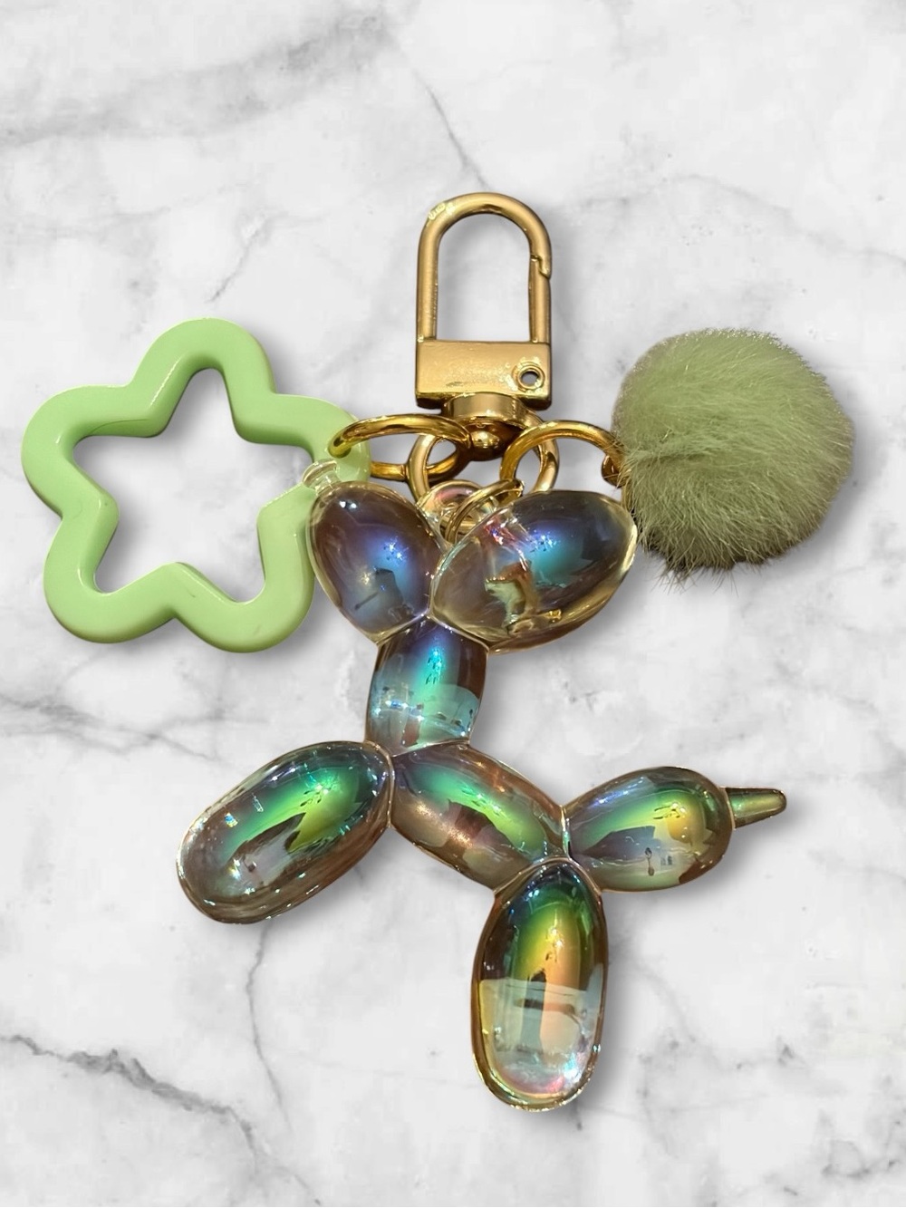 Iridescent Balloon Dog Keychain with Green Pom & Flower Charm